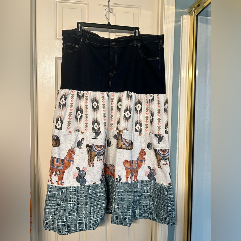 Woman within unique design mix jeans/fabric with camels sz 28w tall maxi skirt